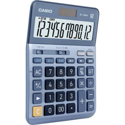A blue Casio pocket calculator with large buttons. The display shows the number sequence '1234567890.12'.
