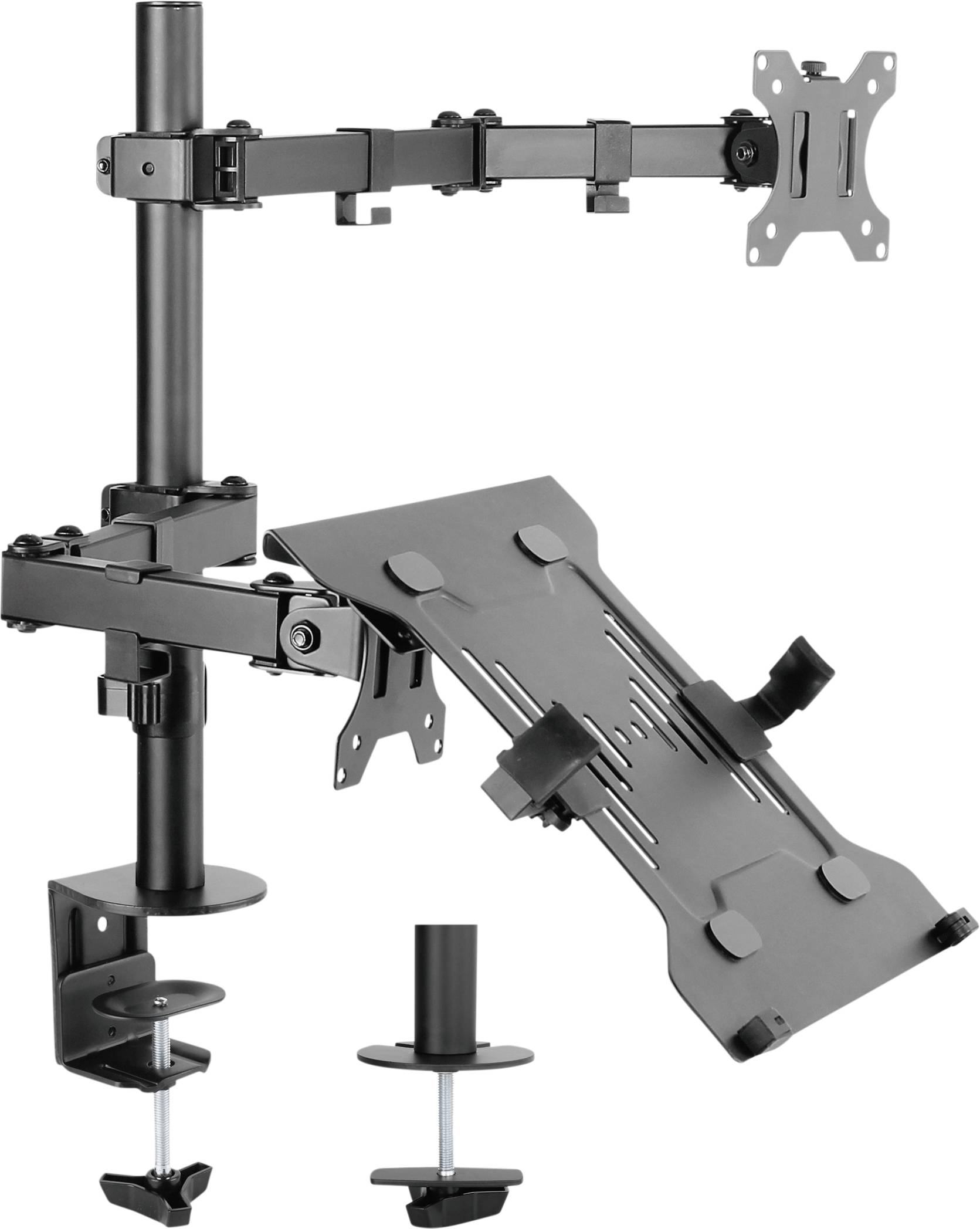 Adjustable monitor mount with two articulated arms and desk-mounting clamps, suitable for positioning two screens side by side.