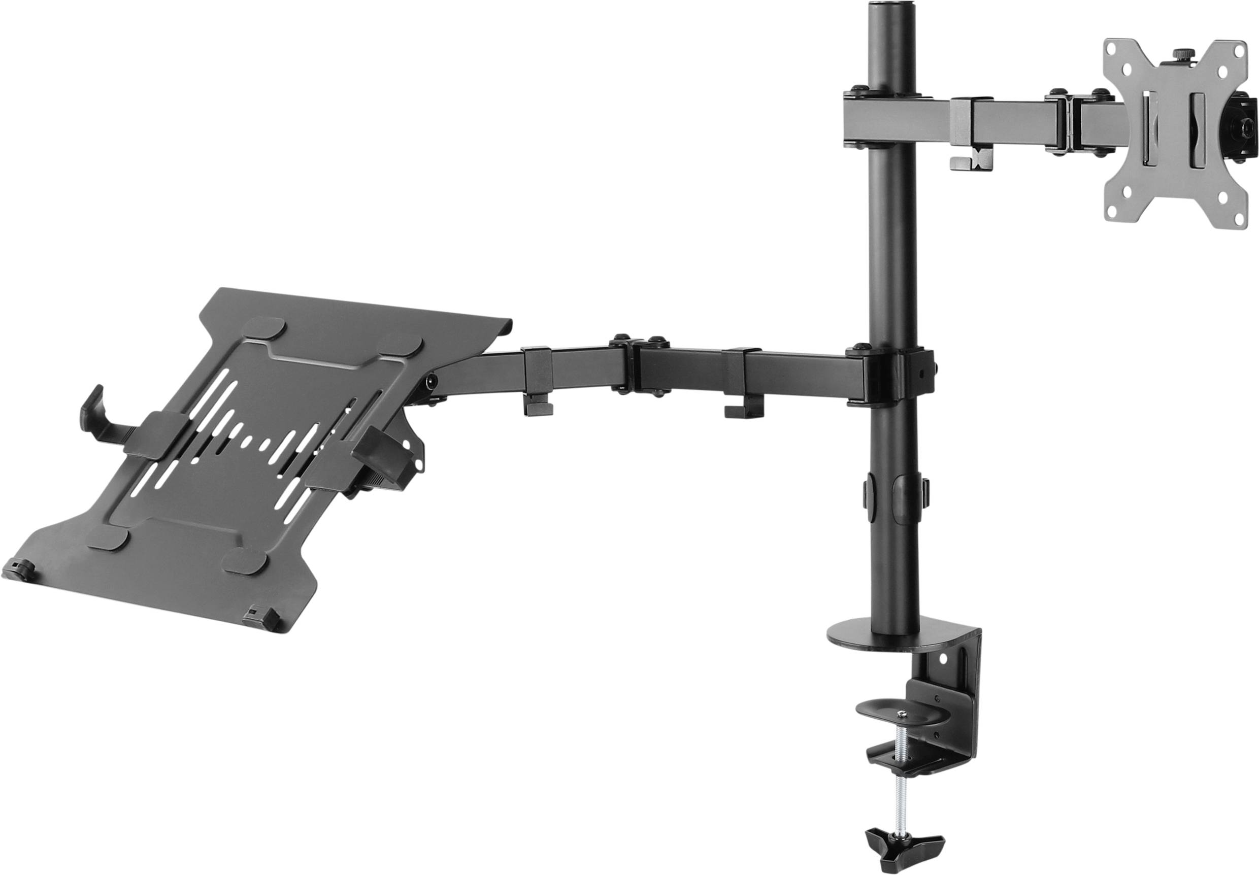 An adjustable, black monitor and laptop stand for mounting on a desk. It features arms for two devices.
