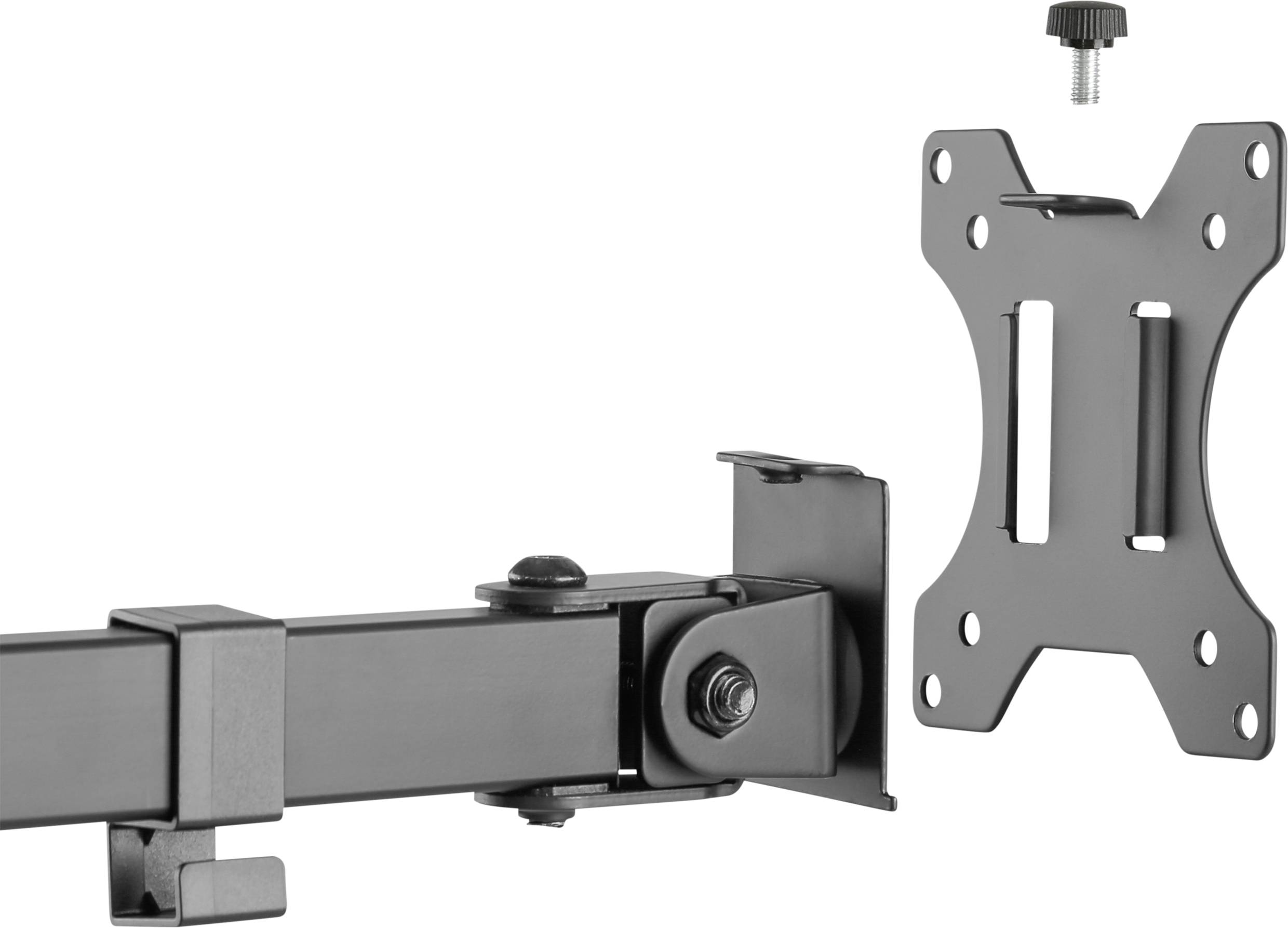 Metal monitor mount with a pivoting arm and removable mounting plate, suitable for various screen sizes.