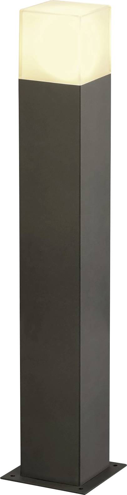 A black, rectangular outdoor light with a glowing, white head. Stands vertically and emits warm light.