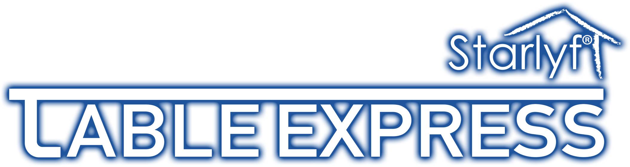 Logo with the text 'Starlyf Table Express' in blue, with a stylised house roof above the word 'Starlyf'.