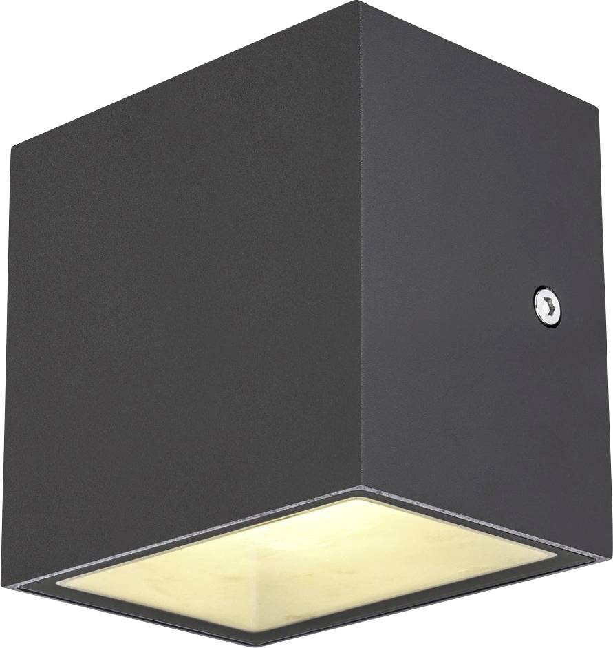 A black, cube-shaped wall light with a white light emission at the bottom, suitable for modern interiors.