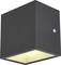 A black, cube-shaped wall light with a white light emission at the bottom, suitable for modern interiors.