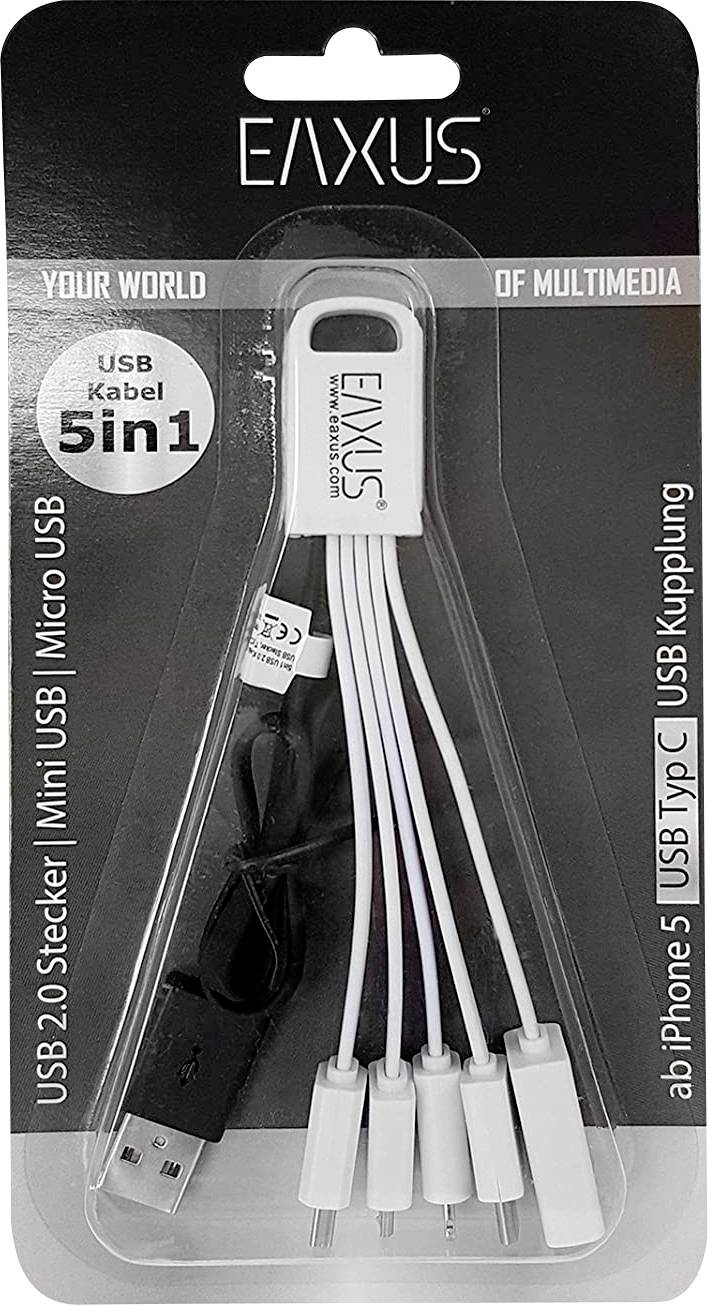 5-in-1 USB Cable by Eaxus with USB 2.0, Connector for Mini USB, Micro USB, for Apple, USB Type-C and USB Socket on Packaging.