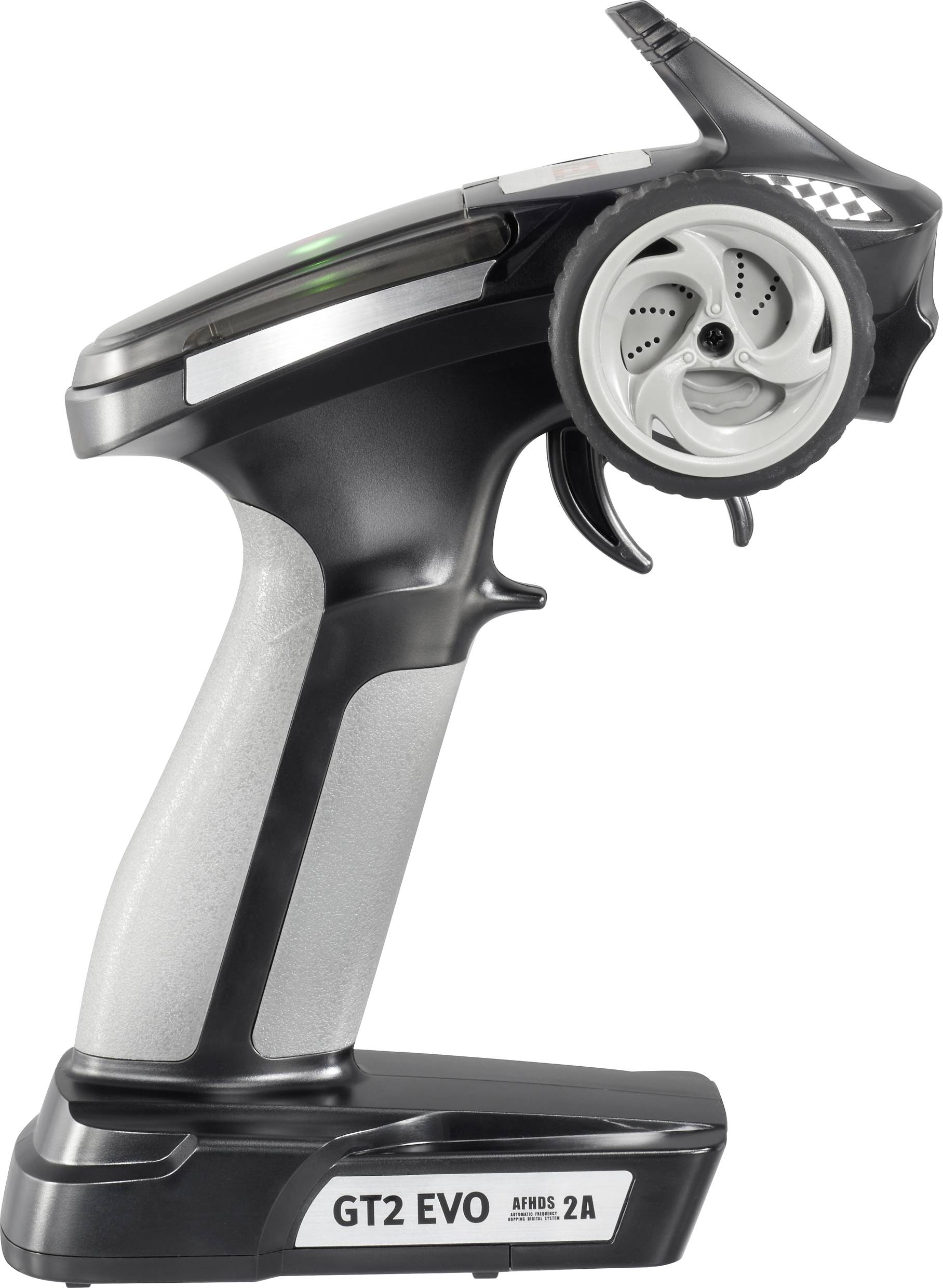'Radio remote control with grey handle and black casing, with a round control wheel on top. Labelled: GT2 EVO, AFHDS 2A.'