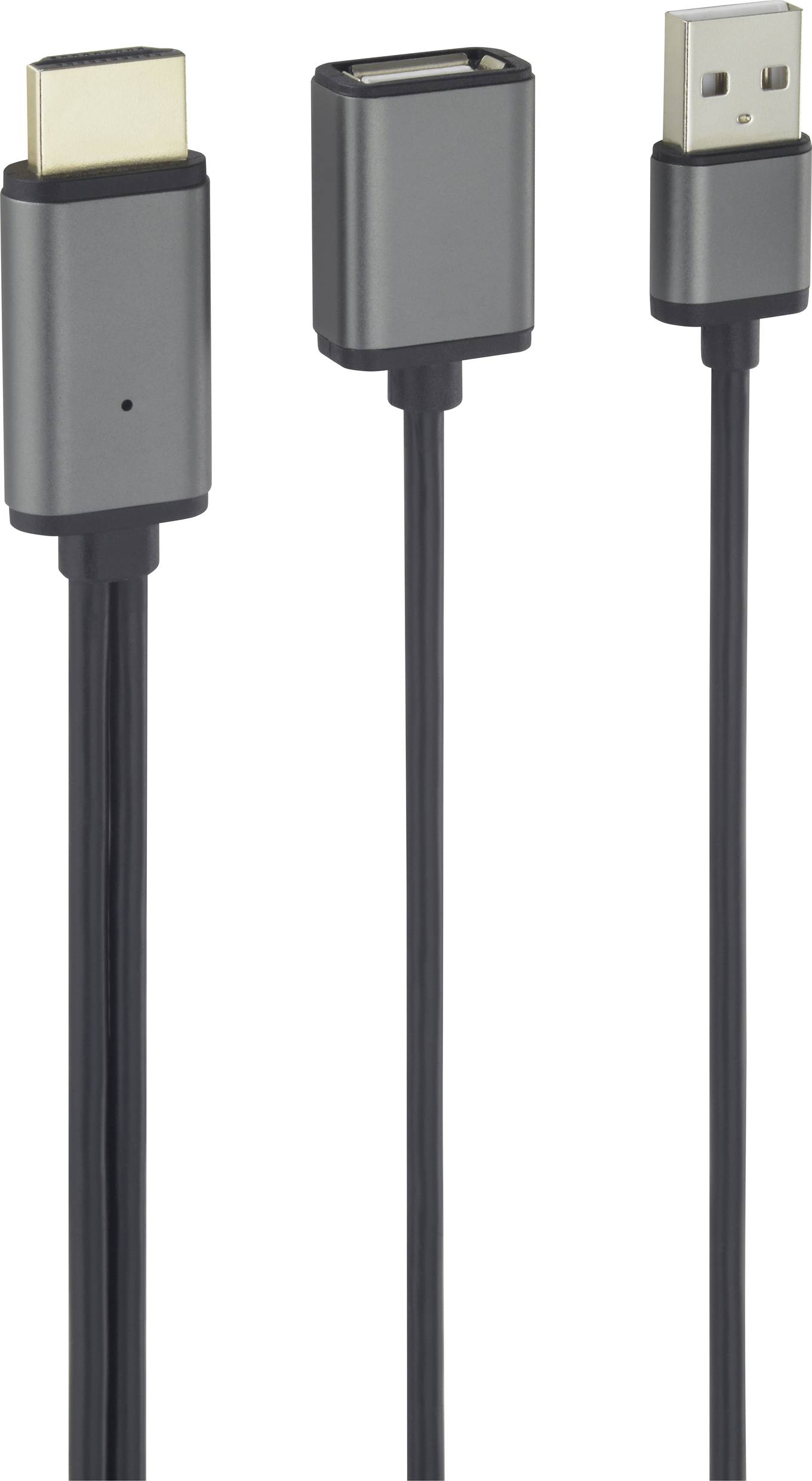 Three cables: HDMI, USB-A and USB-C, with grey connectors and black cables, for connecting devices to screens or chargers.