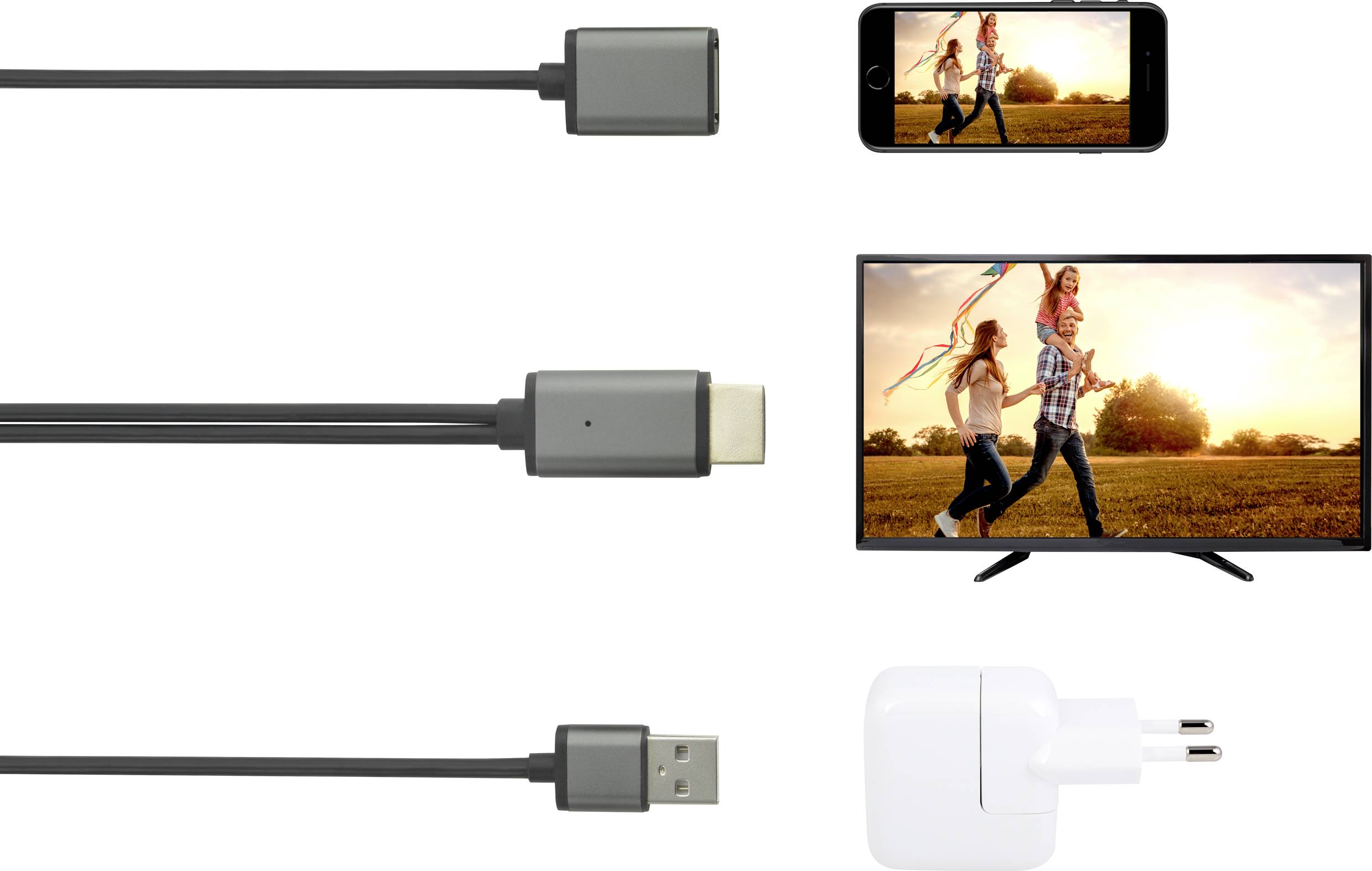 Smartphone and TV connected via HDMI adapter and USB charging plug, displayed an image of two people with dragons in a landscape.