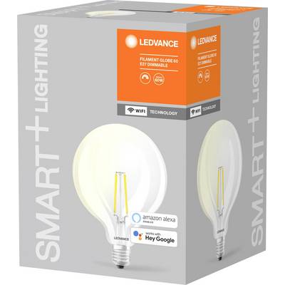 Packaging of a dimmable LED light bulb by Ledvance, compatible with Amazon Alexa and Google Assistant, showcasing energy-saving and smart technology.