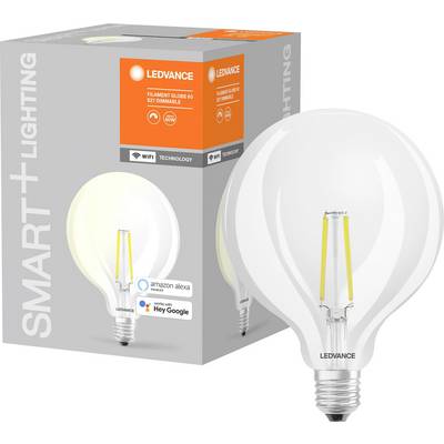 A smart LED light bulb by Ledvance, compatible with Amazon Alexa and Google Assistant, shown in front of its packaging.