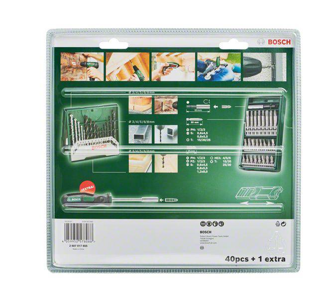 The bag contains a 40-piece tool set by BOSCH, including screwdrivers and a drill bit size guide with application images.