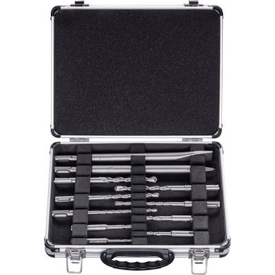 An open suitcase with various drill and chisel attachments, neatly arranged in coordinated compartments.