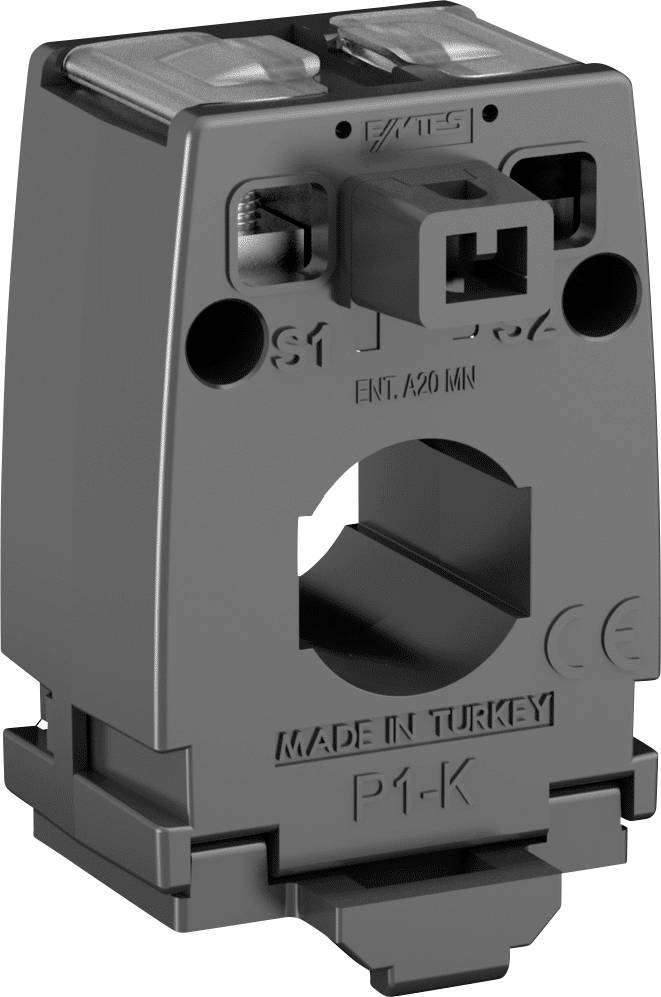 A grey plastic current transformer with 'Made in Turkey' and 'P1-K' markings, featuring two cable connections at the top.