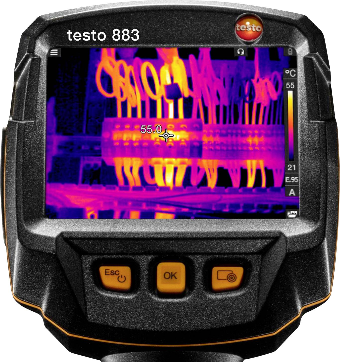 A thermal imaging camera shows a view with temperature measurement in an electronic device, indicating overheating at 55°C.