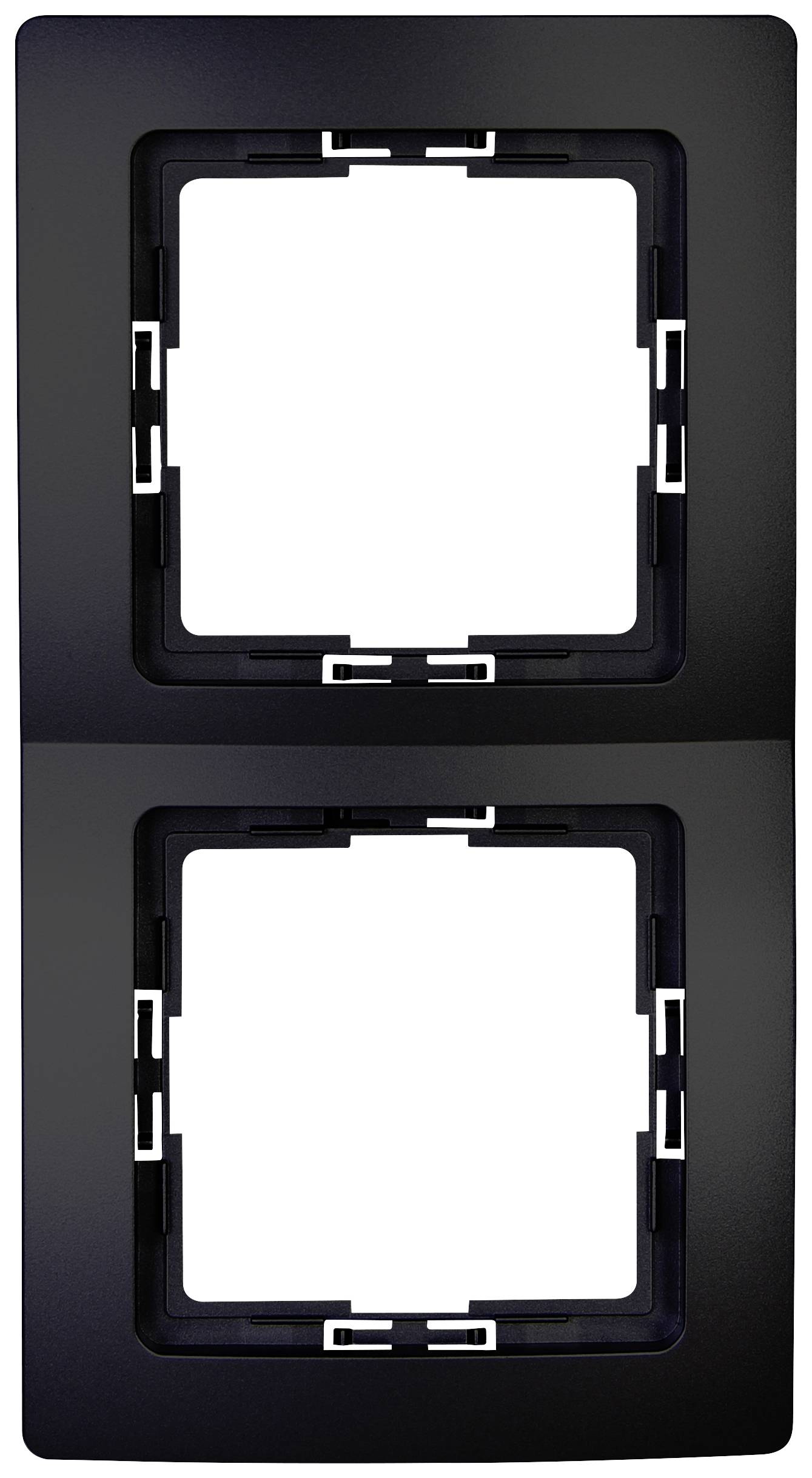 'Double frame in black with two empty recesses for accommodating switches or sockets.'