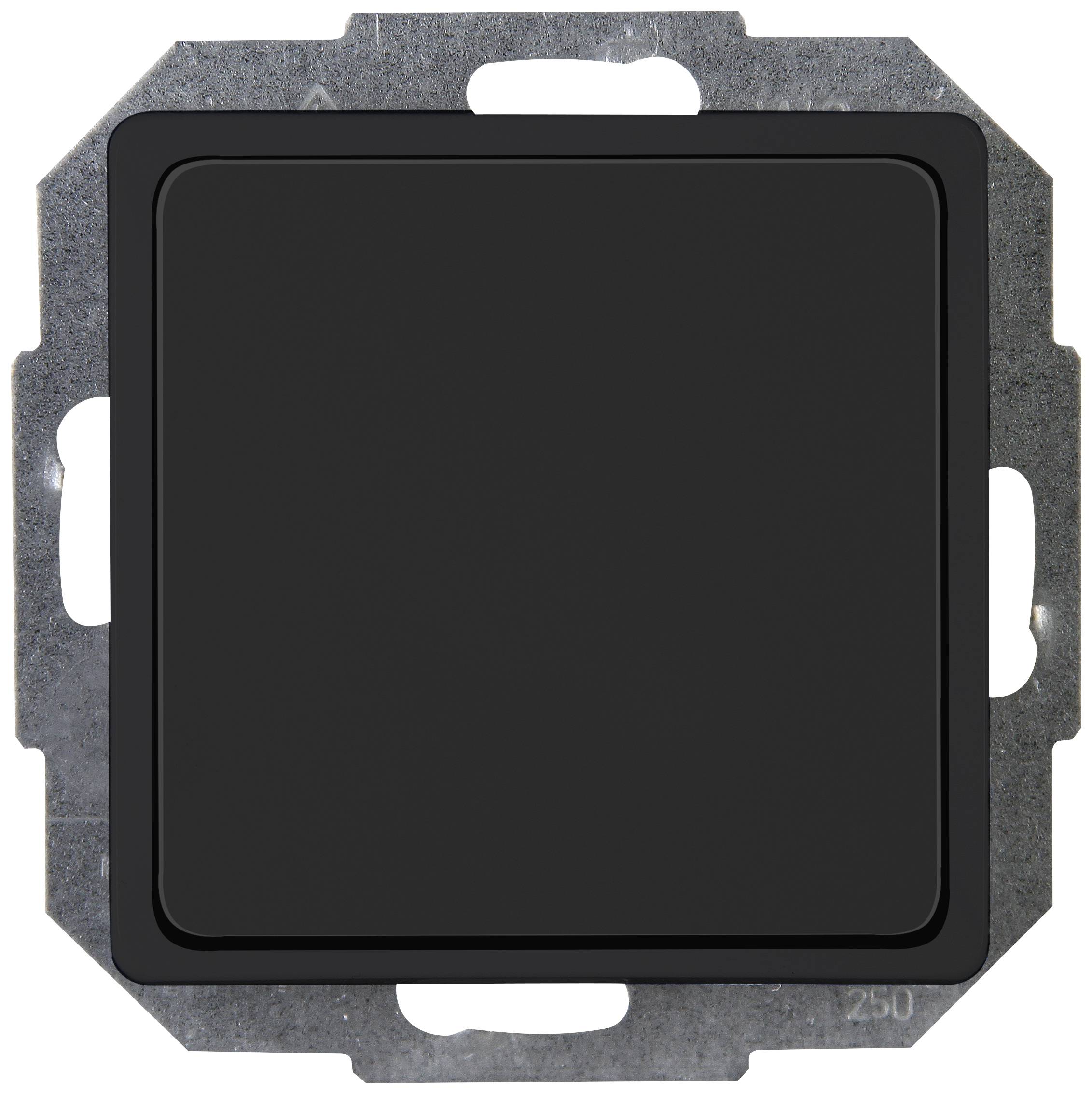 Black light switch on a metal frame. Square shape with rounded corners. Simple, modern design for interiors.