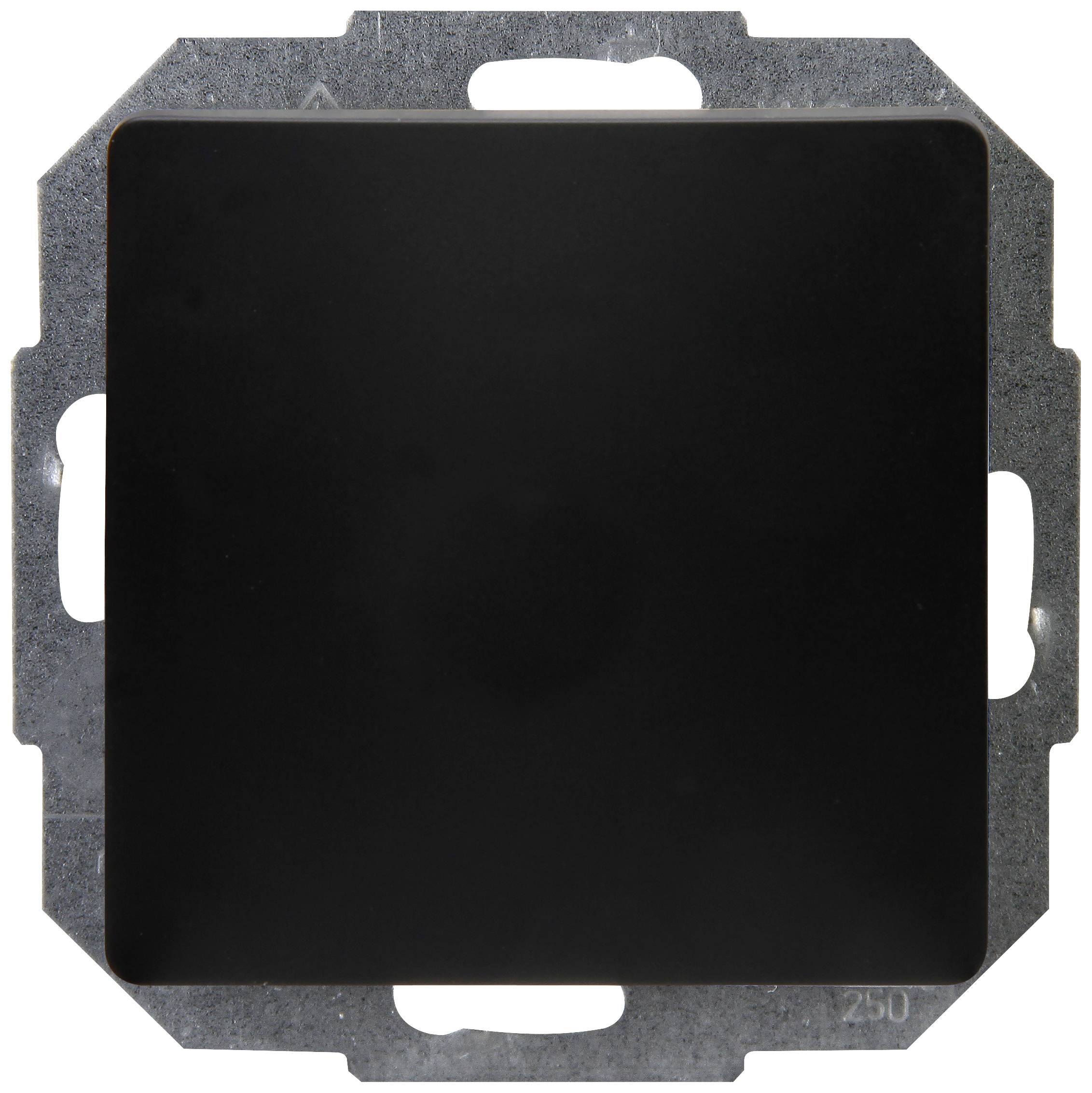 Black cover plate in front of grey metal mounting, square.