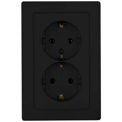 Two black electrical sockets, vertically positioned one above the other in a rectangular mounting plate.