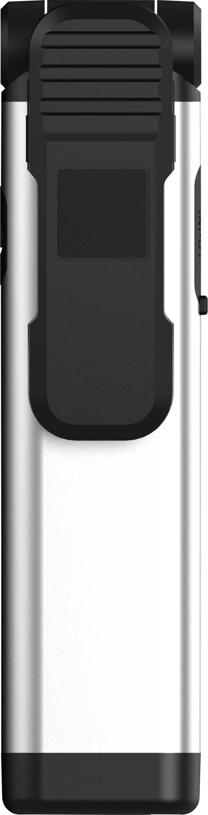 Metallic lighter in the shape of a cylinder with a black clip on top, suitable for outdoor use in windy conditions.