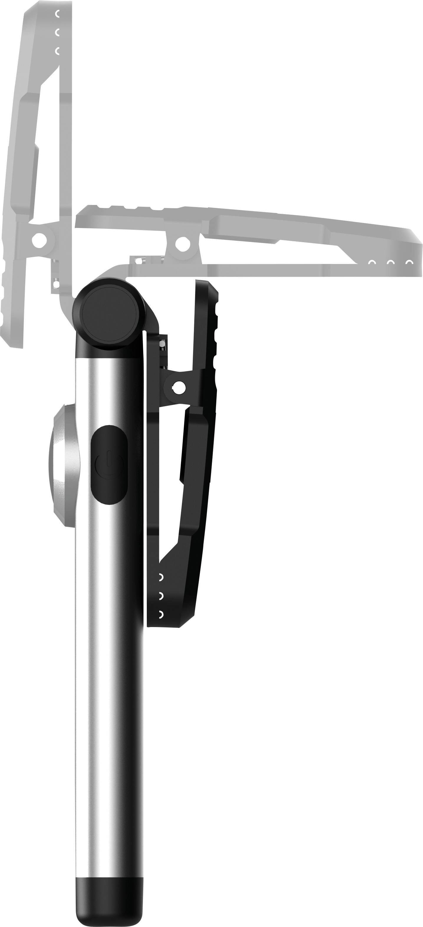 Ballpoint pen with a foldout stand, viewed from the side. Stand shown in two positions, offering different tilt angles.