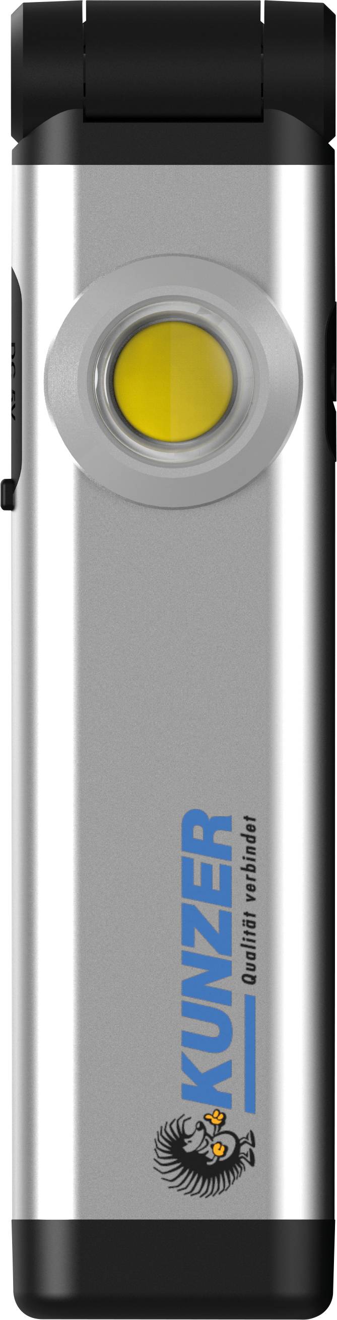 'Kunzer' torch in a silver metal casing with a yellow button and black lid. Company logo and slogan are printed on the surface.