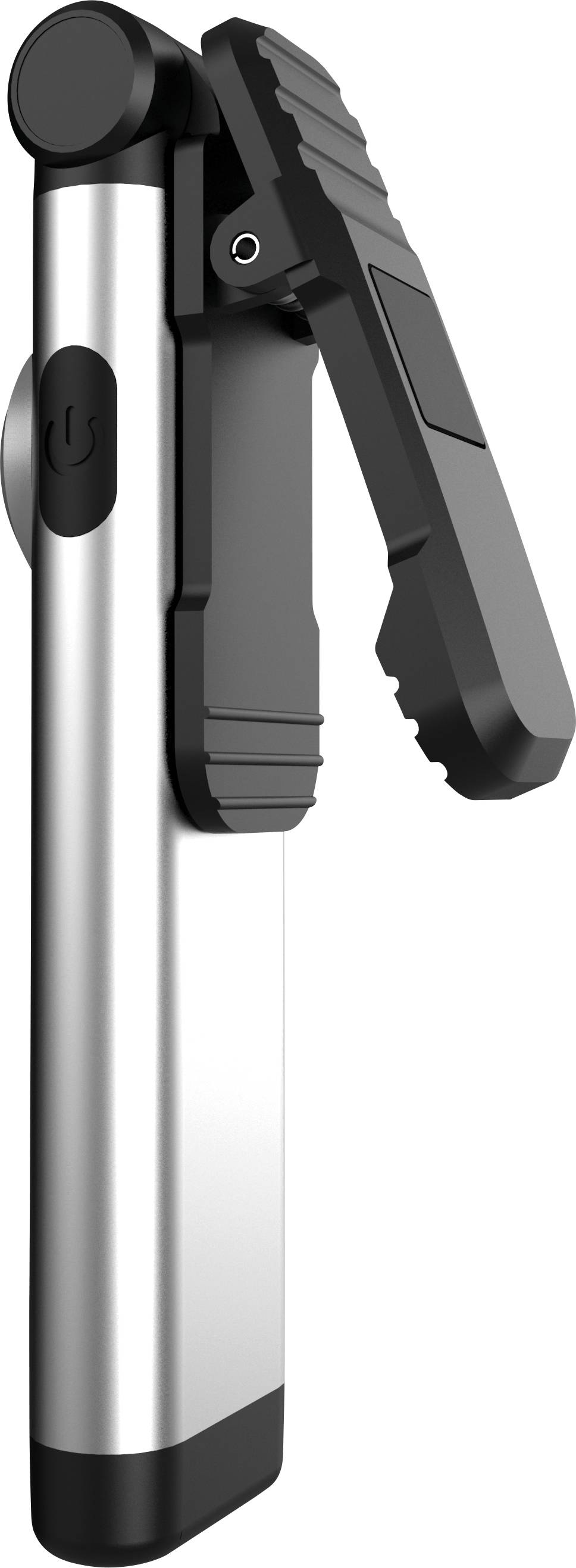 Black and silver portable bicycle pump with side handle and valve, suitable for on-the-go or home use.