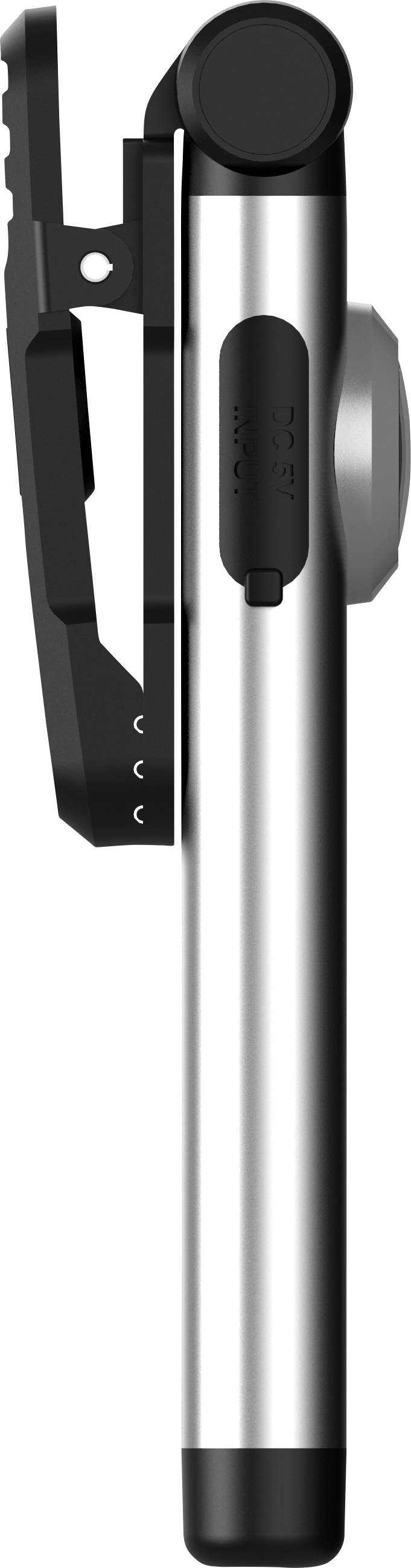 A silver, cylindrical pen with a black clip holder and tip, standing upright, side view.
