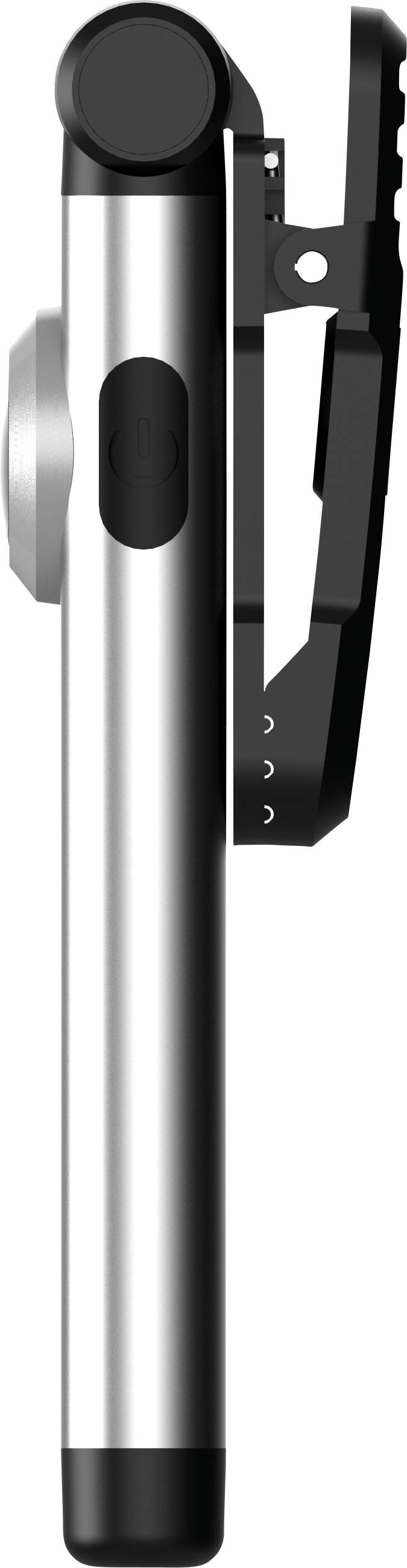 A silver pen with a black clip and button, pictured from the side. The clip is attached at the top end of the pen.
