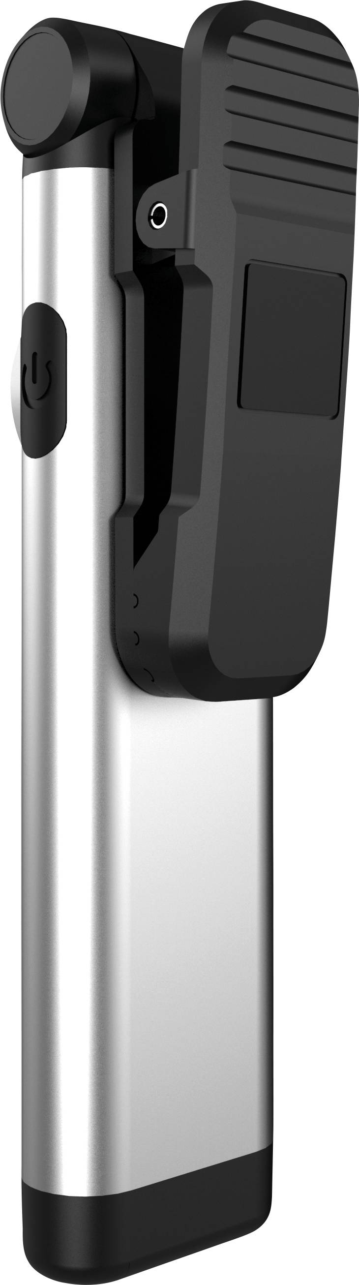 A sleek, silver remote control with a black clip on the back, suitable for attaching to clothing or objects.