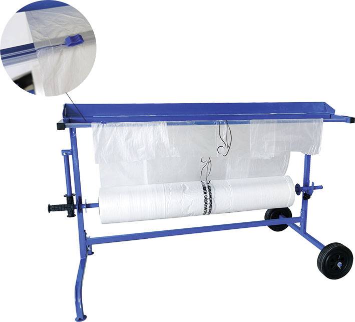 A mobile bag dispenser on a blue frame with two wheels. One insert shows a plastic seal.