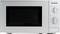 Silver microwave with two rotary knobs for power levels and cooking time. Brand logo in top left corner. Door with black glass window.