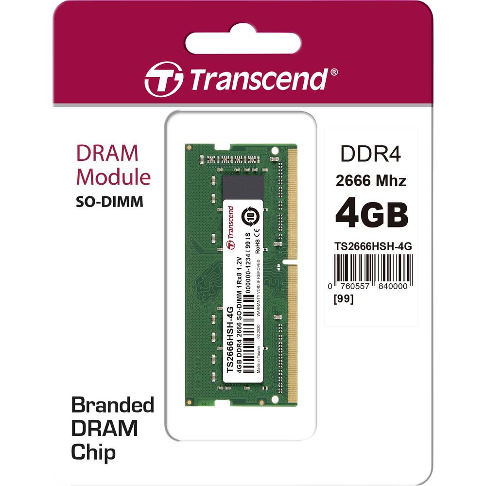 Transcend Laptop RAM card DDR4 4 GB 1 x 4 GB Non-ECC 2666 MHz 260-pin SO-DIMM CL19 TS2666HSH-4G