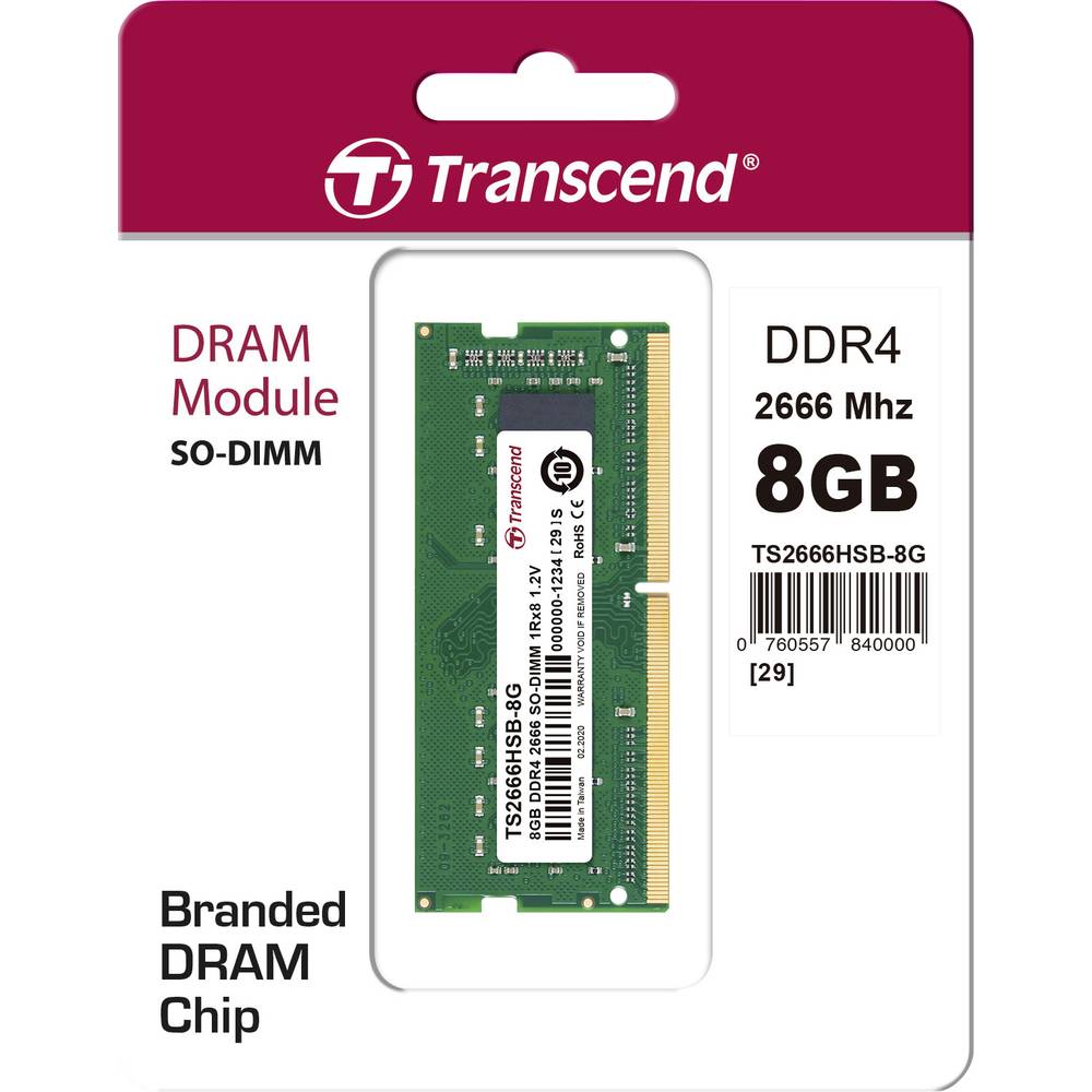 Transcend Laptop RAM card DDR4 8 GB 1 x 8 GB 2666 MHz 260-pin SO-DIMM CL19 TS2666HSB-8G