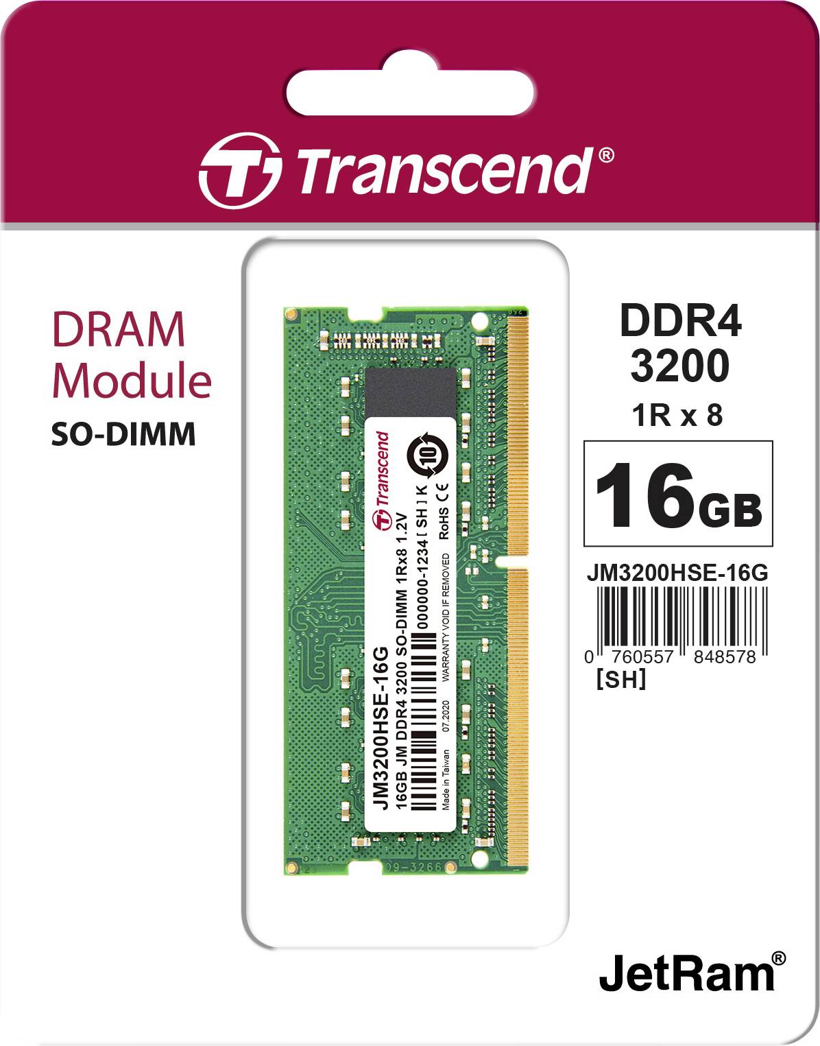 Packaging of a Transcend JetRam DDR4 3200 DRAM Module, 16 GB SO-DIMM.