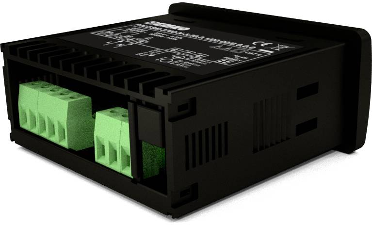 A black electronic device with green connection terminals. Technical specifications are printed in white on the device.