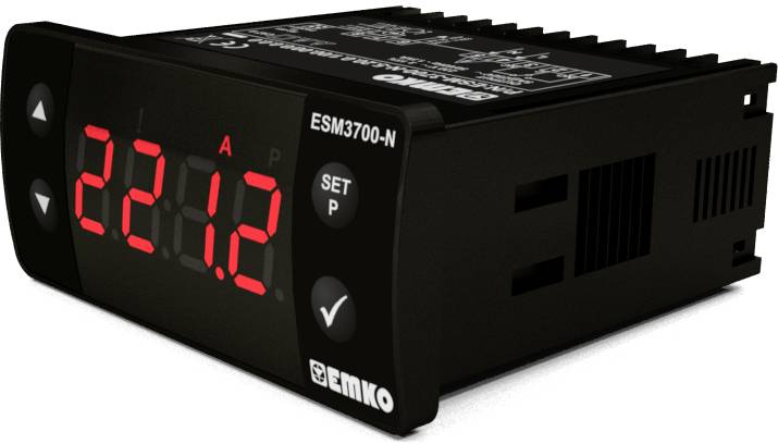 Digital display device by Emko shows '22.12 A'; black surface with red numbers, setting buttons on the front panel.