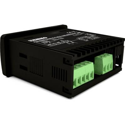 Black plastic housing of an electronic component with two green connectors. Top side displays technical specifications.