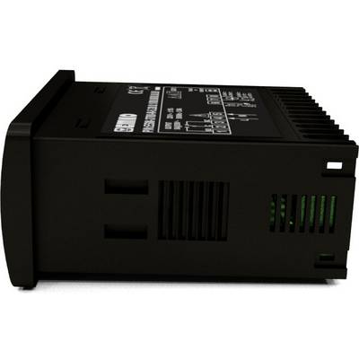 Black electronic device with heat sinks, side view. Top shows circuit diagram and technical text.