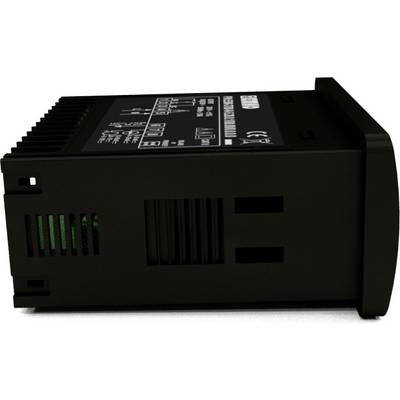 Black electronic device with green ventilation slots and a technical label on top, likely a power supply or charger.