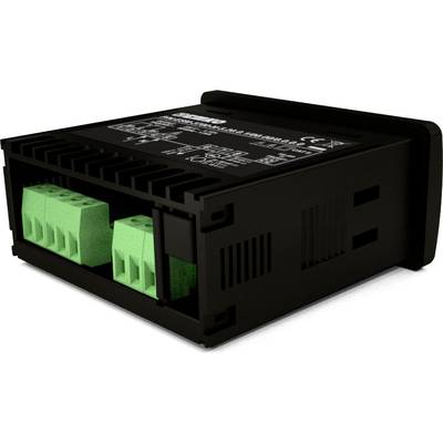 A black electric device with two green connectors on the front, outlined in a rectangular housing.