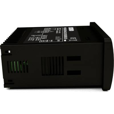 Black electronic device with ventilation slots and technical details on the top surface. Used for controlling systems.
