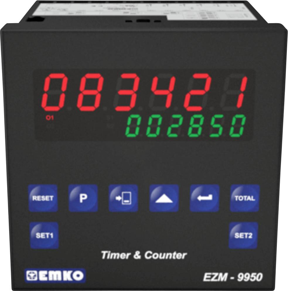 Digital display of a timer and counter, showing "083421" in red and "002850" in green, with several function buttons underneath.