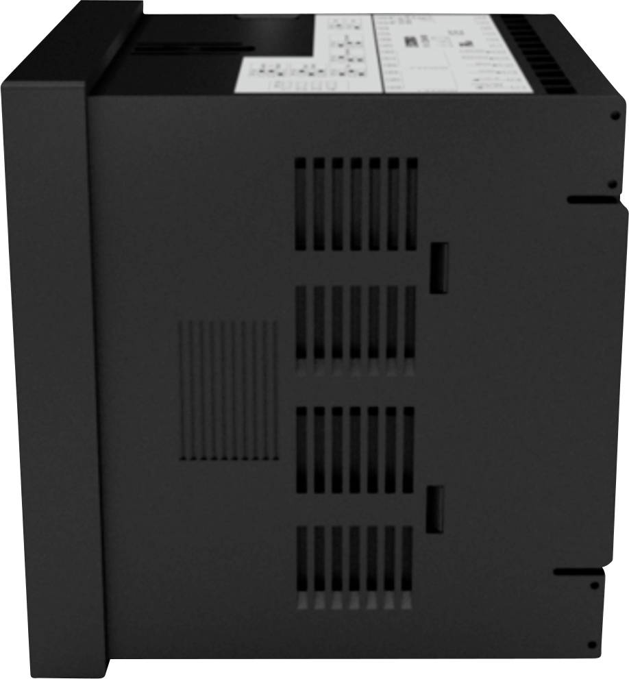 A black electronic device with ventilation slots on the side. Controls are visible on the top.