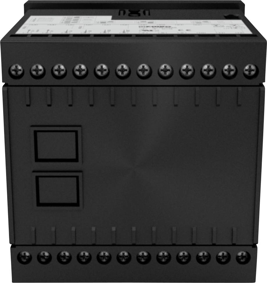 A black, rectangular electrical switchbox with multiple screw connections and two visible buttons on the front.