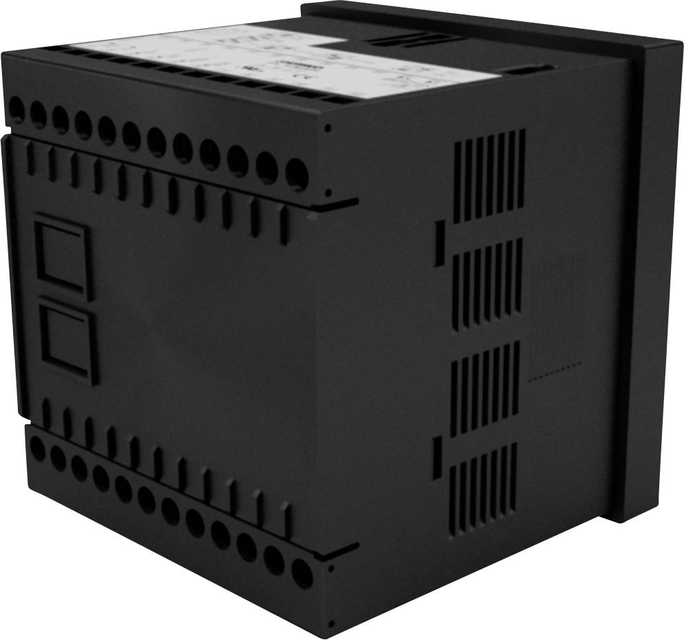 A black electrical switchboard with multiple connection points and ventilation slots on the side.