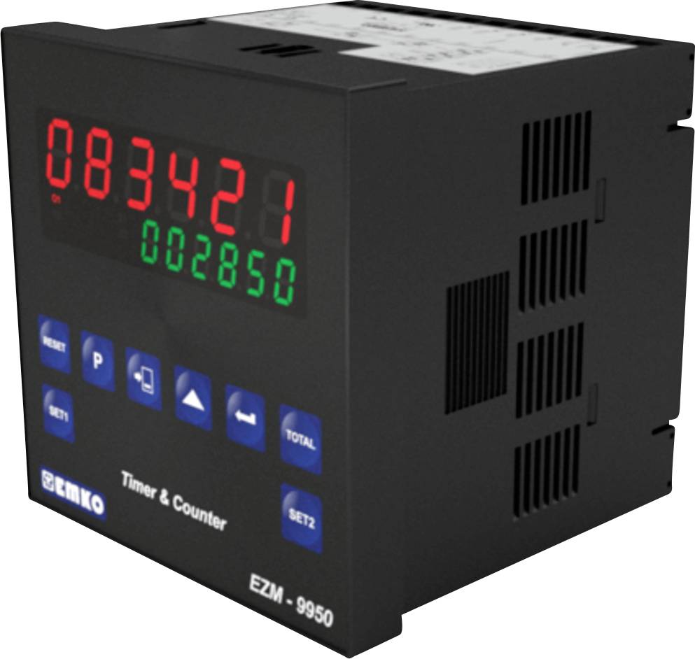 Electronic device with digital display showing '083421' in red and '002850' in green. Control and function buttons underneath.