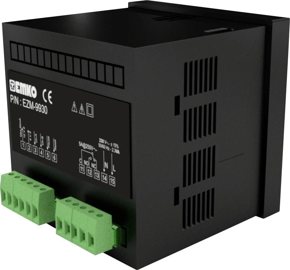 Black electronic device with green terminal block. Label shows 'Emko' and model number 'EZM-9930'. Device for electrical installations.