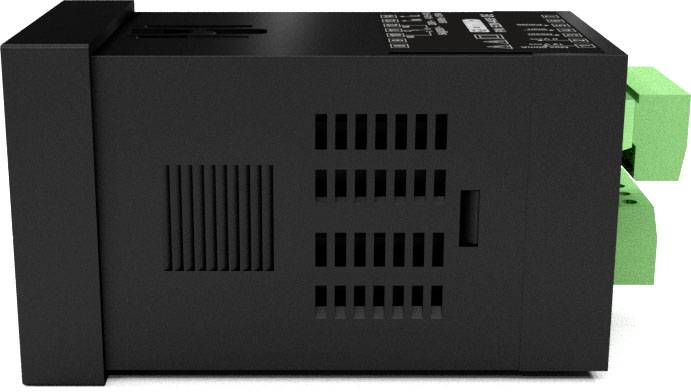 Black electrical device with ventilation slots and green connection terminals on the right side. Device for industrial control systems.