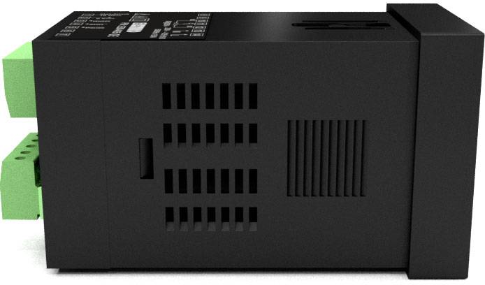 Black electric device with ventilation slots, with two green connectors attached.