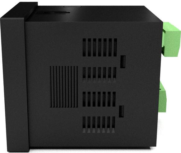 Black, cube-shaped device with multiple ventilation slots and green terminal connectors on two sides, likely an electrical component.